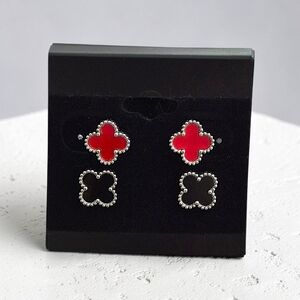 Chic Red and Black Stainless Steel Clover Earrings - 2 Pairs